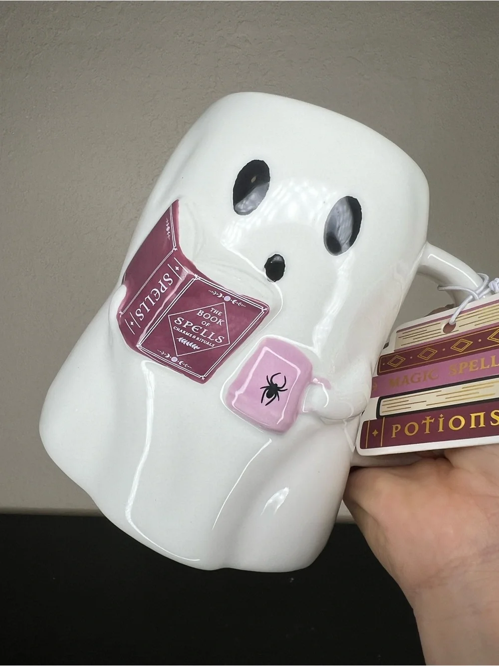 NEW Sunday Morning Ceramics Halloween Ghost with Spells and Potions Books Mug